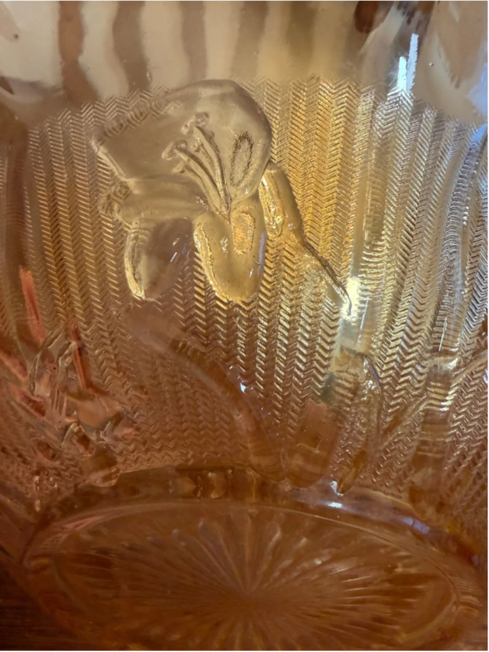 Vintage Amber Depression Glass Ruffled Console Bowl Etched Floral Serving -CH